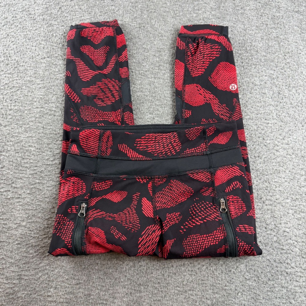 Lululemon Leggings Women's 2 Red Black Abstract Print Mesh Zipper Pocket Running